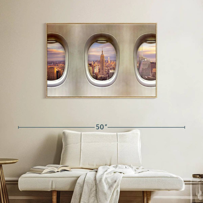 Fenêtres rétro pour avion, Cadre flottant en bois naturel, 40 po x 27 po