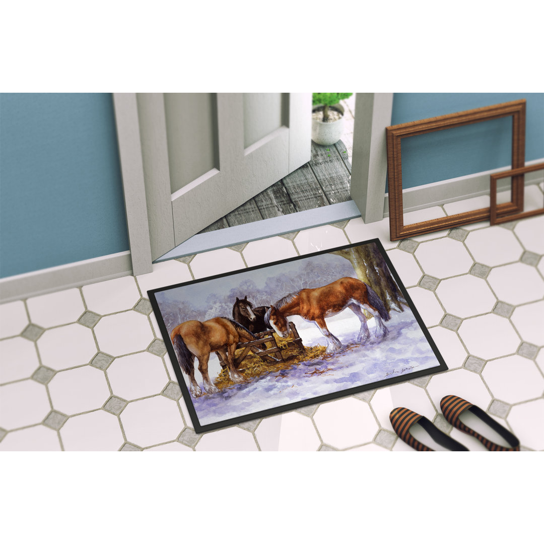 Tremonton Horses Eating Hay in the Snow Non-Slip Outdoor Door Mat Winston Porter Mat