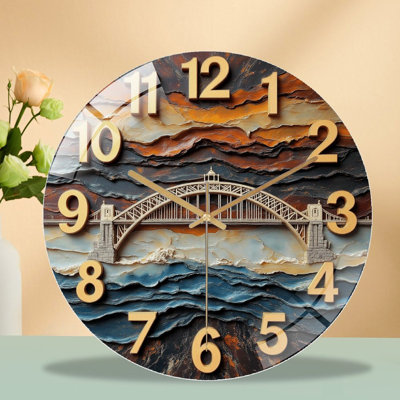 Unique Wall Art Clock with River Bridge Design Art - 12'' Modern Glass Wall Clock