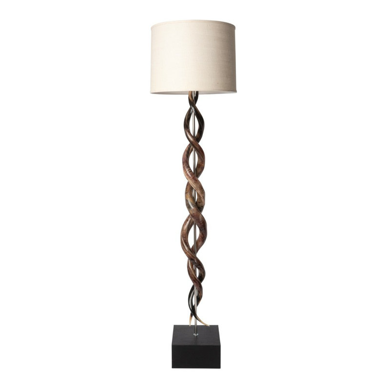 80" Polished Horn Floor Lamp - Embossed Brown Leather Base - White Burlap Shade