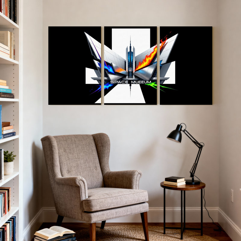 Ensemble de 3 impressions sur toile, villes et pays, musée de l'espace, tour futuriste, H 18 po x l 36 po