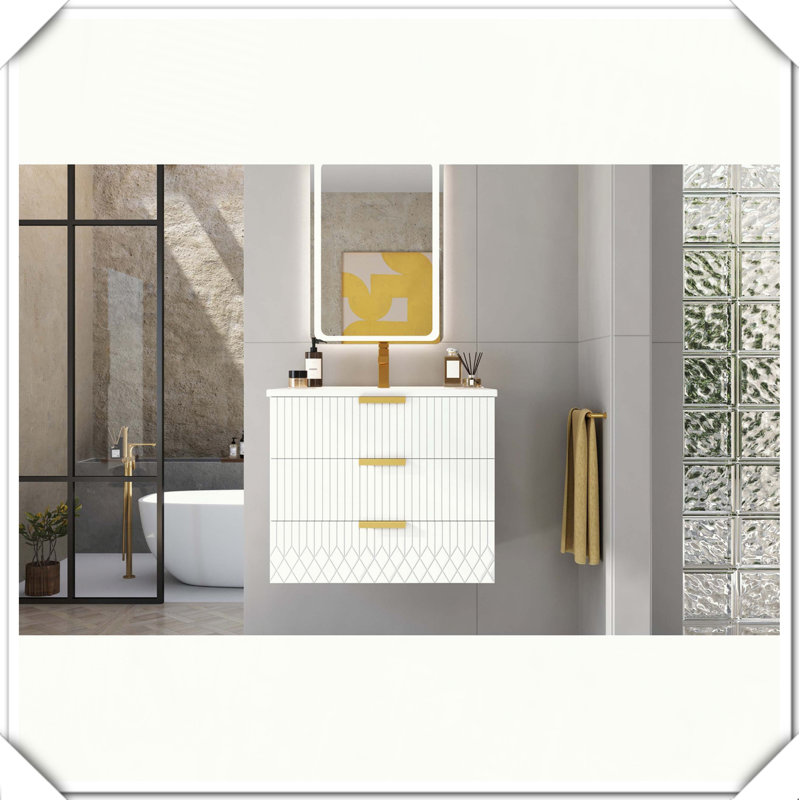 Meuble-lavabo flottant mural moderne avec double évier en céramique, Blanc