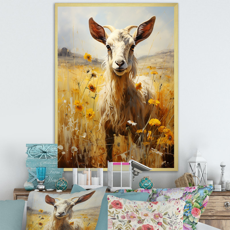 Mignon portrait de chèvre dans un pré III sur toile, H 32 po x l 24 po x P 1 po, Encadrement doré