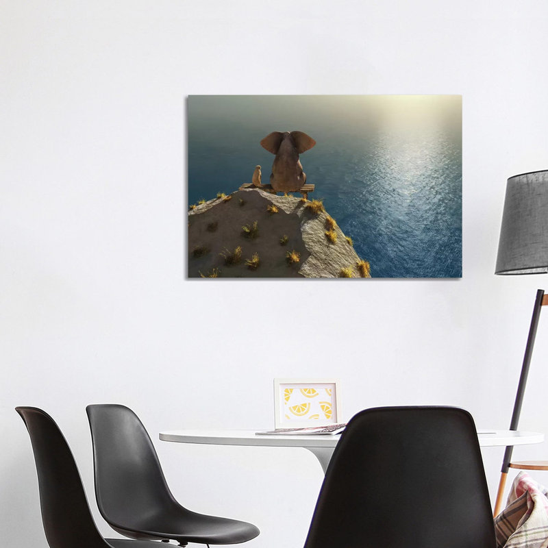 Elephant And Dog Rest On A Crag Near The Sea by Mike Kiev - Wrapped Canvas Print, 101.6 cm H x 66.04 cm W x 3.175 cm D
