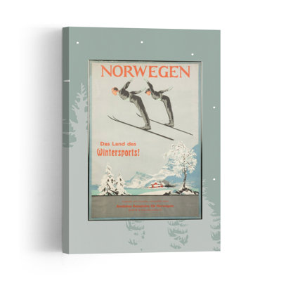 Norwegian Winter Ski Jump Retro Vintage Abstract Evergreen Tree Landscape Mountain Wall Art Print 1 Piece Wrapped Canvas Wall Art