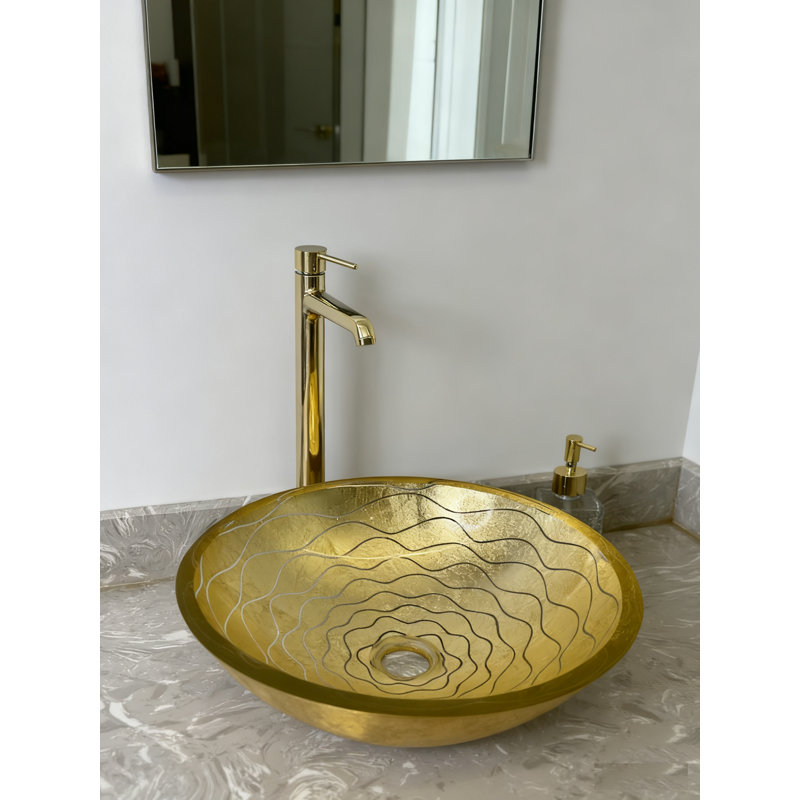 Lavabo vasque en verre à motif de vagues dorées avec bonde escamotable - Design luxueux fabriqué à la main, idéal pour les rénovations de salle de bain | Modèle Lav-fws108