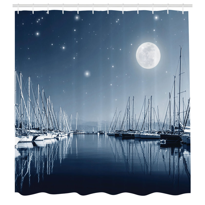 Slate Blue and White Marina Night Scene Fabric Shower Curtain