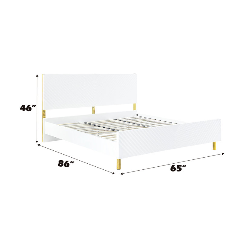 Très grand lit à pieds en métal à finition ondulée ultrabrillante, 26 lattes incluses, 2 pieds de support, aucun sommier nécessaire, structure entièrement équipée, capacité de charge de 660 lb, couleur blanche et bois synthétique, 65 po