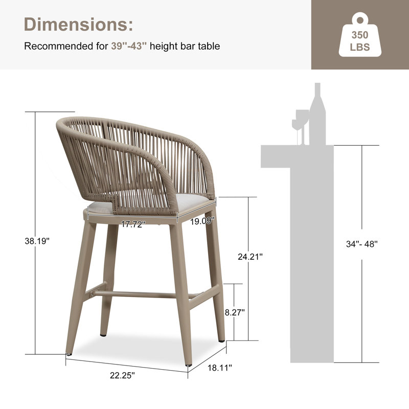 Chaise haute de bar moderne en osier avec coussins intégrés et dossier enveloppant 2 pièces, Champagne, Champagne