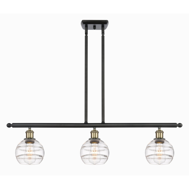 Luminaire suspendu pour îlot de cuisine à 3 lumières Chartoff, Transparent, Laiton antique noir