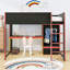 Lit mezzanine en bois avec tiroir de rangement, garde-robe, lumière DEL et bureau-290391678