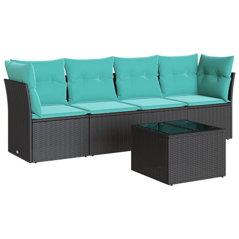 Ensemble de canapé de patio 5 pièces avec coussins en rotin de polyester, Bleu clair, Noir