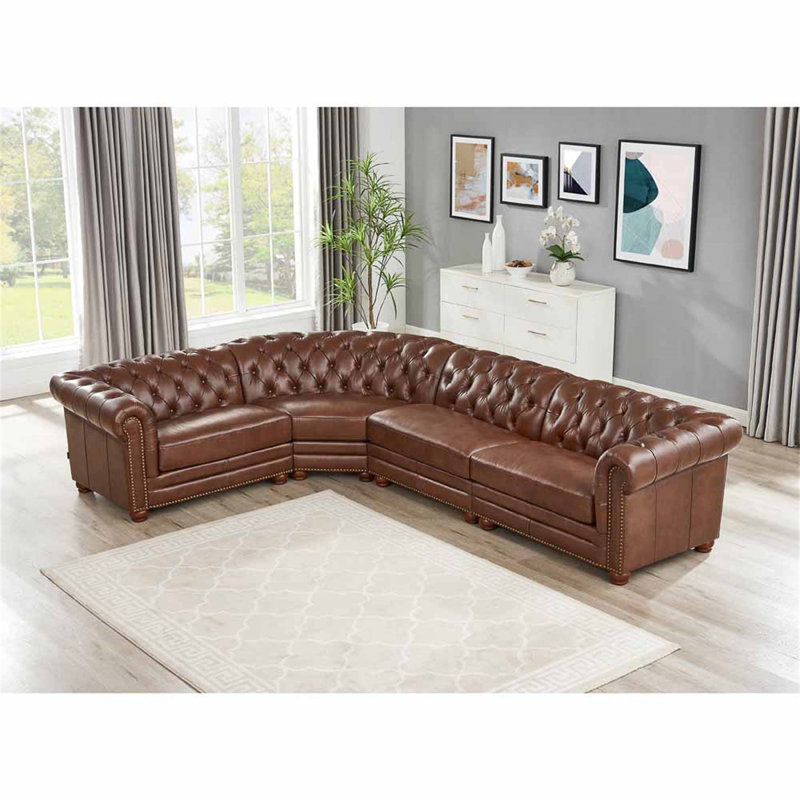 Canapé modulaire réversible en cuir véritable de 139 po de largeur Aliso, Cuir véritable pacane