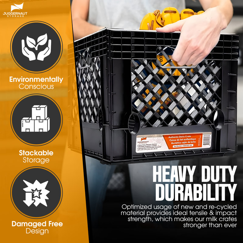 Juggernaut Storage: Milk Crate 2pk - 16 Qt, Black - Multi-Purpose Storage Solution, Stackable Organization, Heavy-Duty Plastic Bins, Built-In Handles
