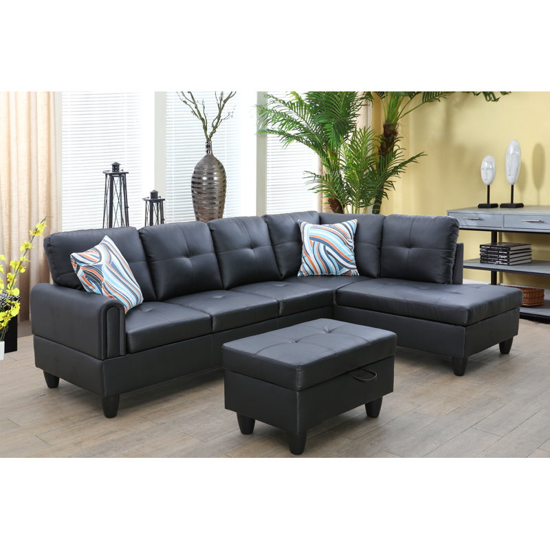 Halid Wide Sofa & Chaise with Ottoman, Left Hand Facing, Black Gray Linen