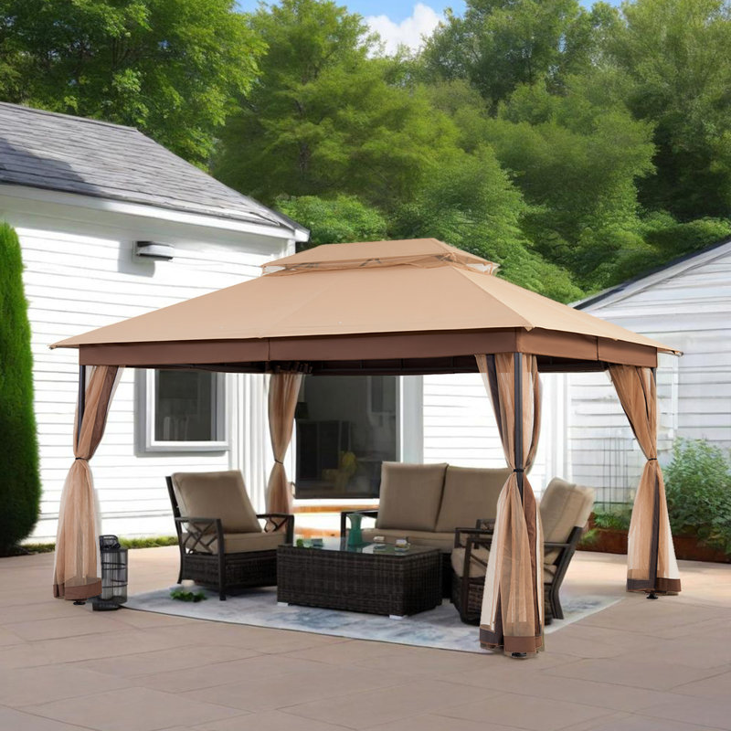 StarEcho 13 Ft. W x 10 Ft. D Steel Patio Gazebo with Netting (Tool free quick assembly), Khaki