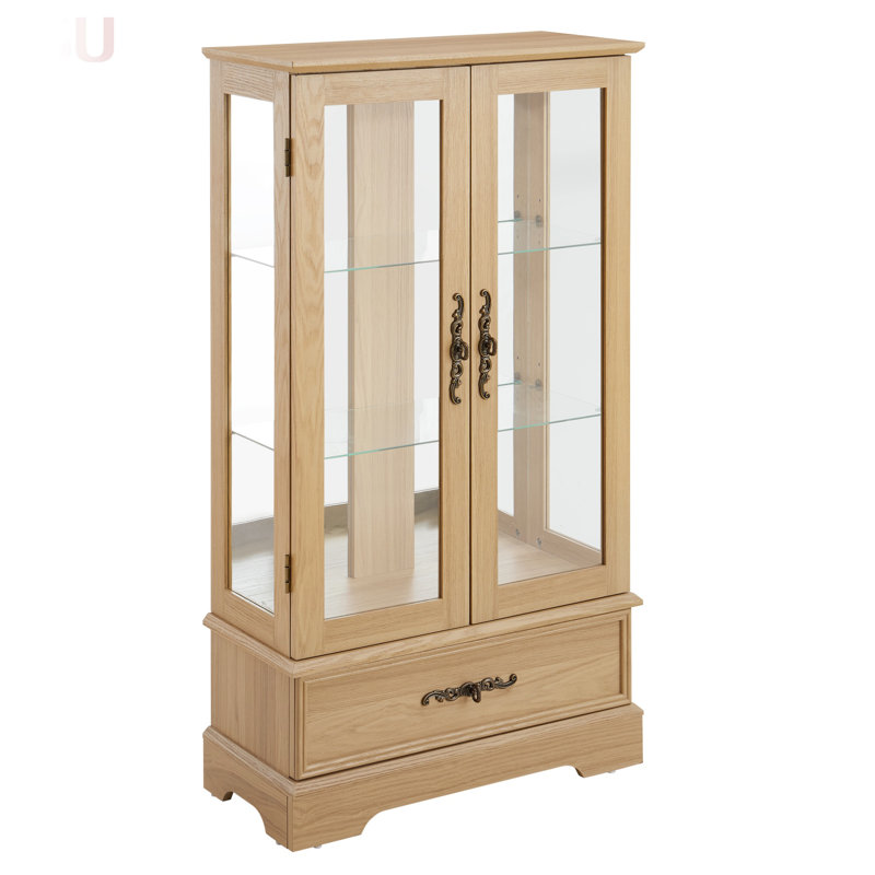 Lighted Glass Curio Display Cabinet With Adjustable Shelves, 2 Doors, 1 Drawer, And Bulb Included For Elegant Storage