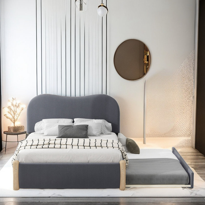 Berber Fleece Platform Bed With Curved Headboard And Twin Size Trundle