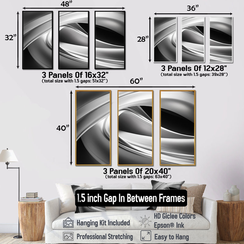 «Silver Speed I», ensemble d'art mural fractal, Cadre flottant doré, H 32 po x l 48 po x P 1 po