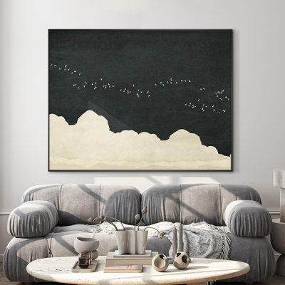 Minimalist Dark Sky Birds in Flight Art Illustrations Extra Large Framed Wall Art Print Decor (Frame Assembly Required)