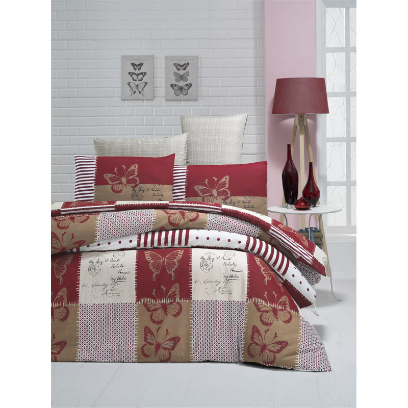 Ensemble de housse de couette en mélange de coton rouge / crème / beige / blanc Cloutier