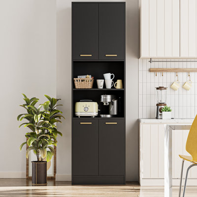 Schnur 75"H Kitchen Pantry Cabinet with Open Storage and Adjustable Shelves for Dining Room, Living Room, Laundry, Bathroom