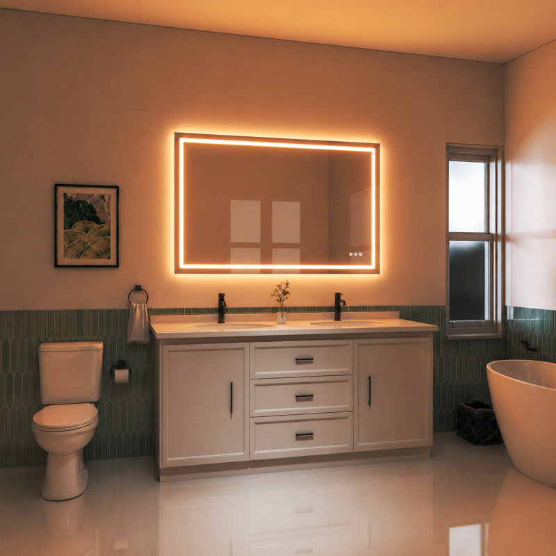 Led Bathroom Durable Tempered Mirror 72x 32, Dimmable Vanity Mirrors For Wall, Anti-fog, 3 Colors Adjustable, Memory, Double Led Lights ( Front And Backlit )