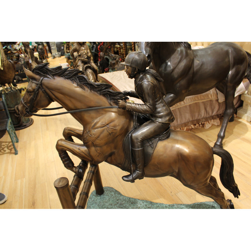 Statue en bronze Jockey and Horse Jump a Fence - Taille: L 60 po x l 30 po x H 51 po.