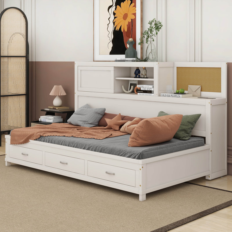 Lit de jour en bois Nablah avec 3 tiroirs de rangement, plateau souple supérieur, Simple, Blanc