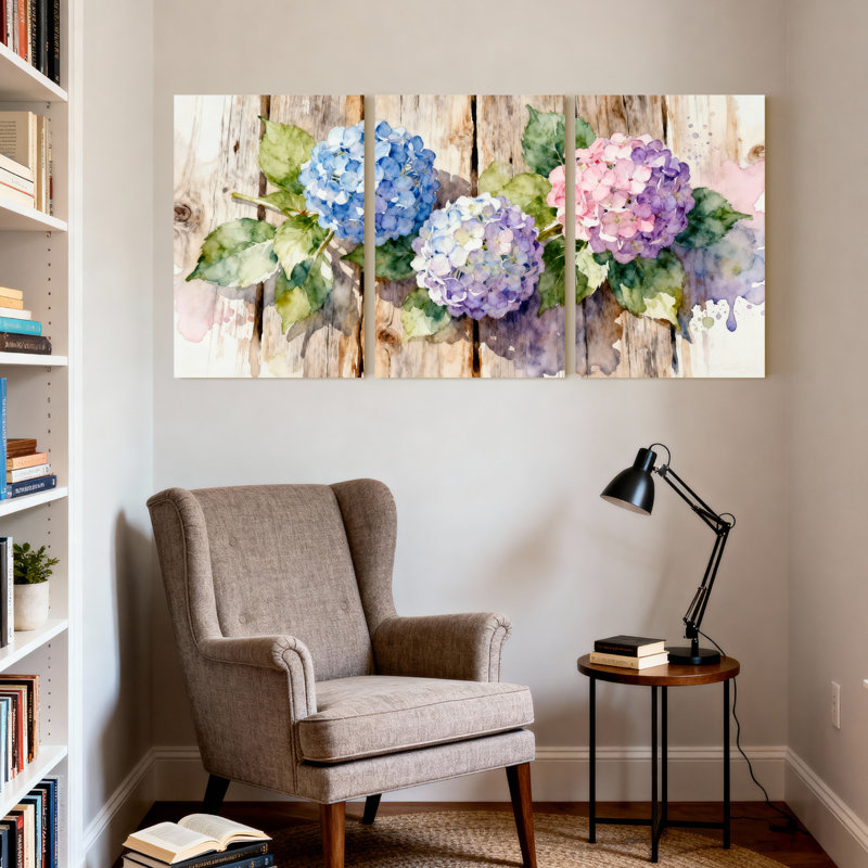 Aquarelle, fleurs d'hortensia sur fond en bois, impression sur toile, ensemble floral (ensemble de 3), H 30 po x l 60 po