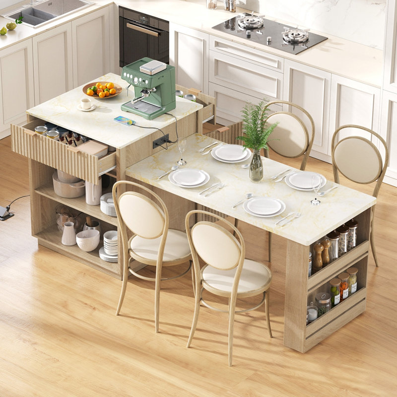 Îlot de cuisine cannelé 82,6 po avec table de salle à manger extensible pour 4 à 6 personnes, table d'îlot de cuisine avec prise de courant, table de cuisine avec rangement double, 2 tiroirs et 2 tablettes ouvertes latérales
