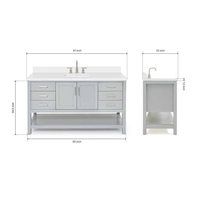 Ensemble de meuble-lavabo simple 61 po Moille avec comptoir en quartz blanc pur 1,5 po Moille, Gris, Rectangular