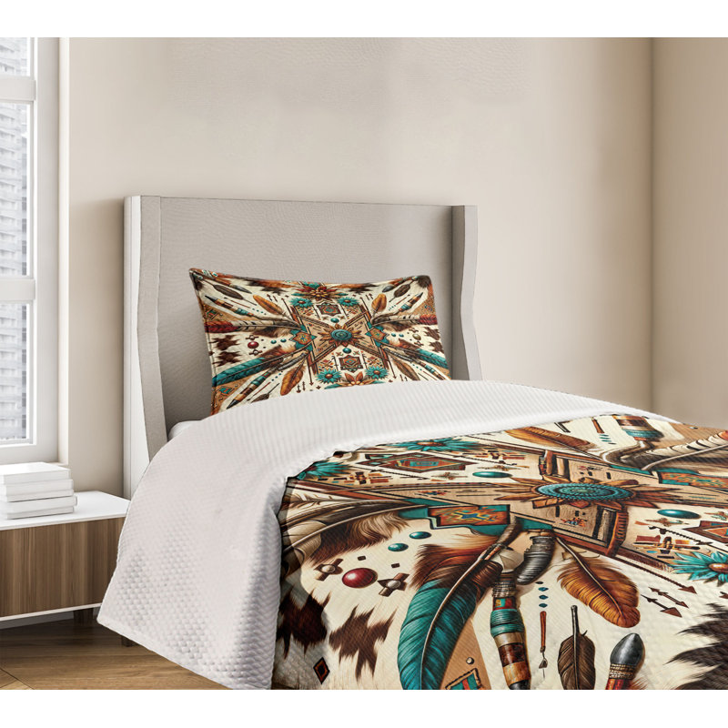 Twin White and Multicolor Aztec Inspired Bedspread Set