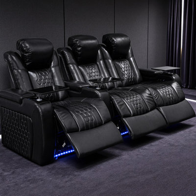 Fauteuil inclinable électrique 3 places 93,3 po en cuir nappa de grain, avec charge réglable et intelligente, éclairage à DEL 17 couleurs et contrôleur noir avec support lombaire, rangement dynamique des accoudoirs à piston d'air