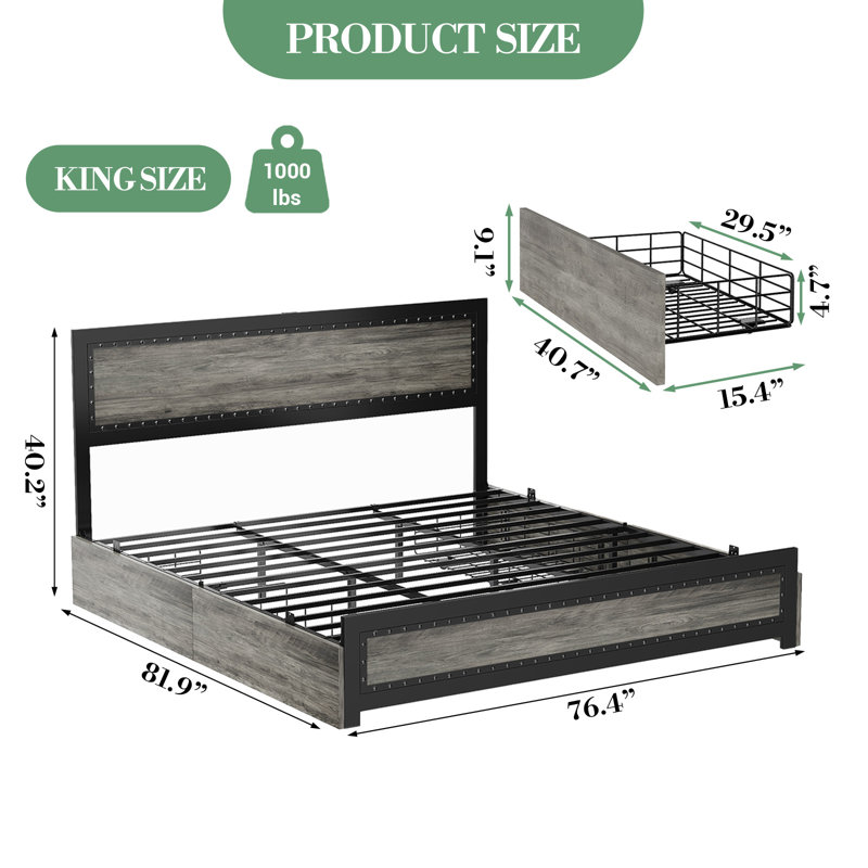 Très grand lit avec tête et pied de lit à rivets - Structure de lit plateforme industrielle - 4 tiroirs de rangement, fabrication en métal robuste - Assemblage facile, aucun sommier nécessaire - Gris délavé, KING