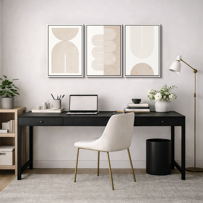 "Mid-Century Modern Boho" Duotone Beige Abstract Lines, H 36 po x l 72 po, Plastique blanc