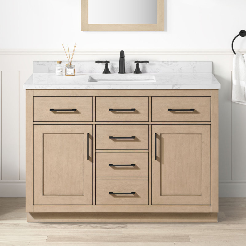 Meuble-lavabo autoportant simple en bouleau Sahara de 48 po avec plateau en marbre blanc Athea, quincaillerie noir mat Athea