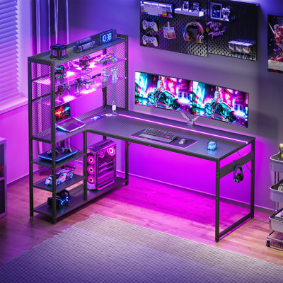 Reversble L-shaped Desk With Large Glass Display Storage Shelves, Computer Desk With Power Outlet, Gaming Table With Led Lights And Versatile Hook