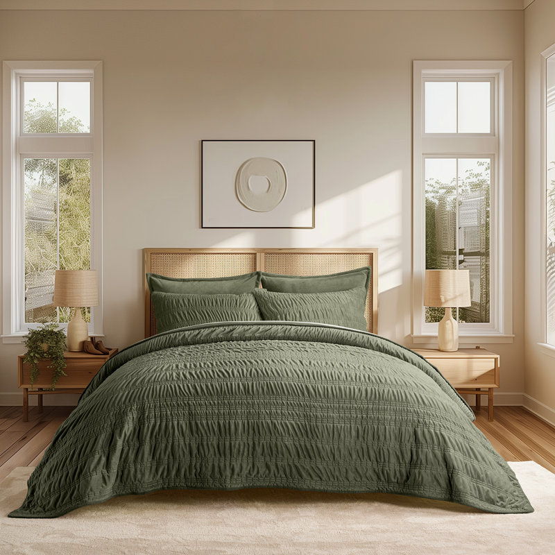 Ruched Crystal Velvet Comforter Set - Luxury Plush Bedding with 2 Shams, King Quilt + 2 King Pillow Shams, Olive Green