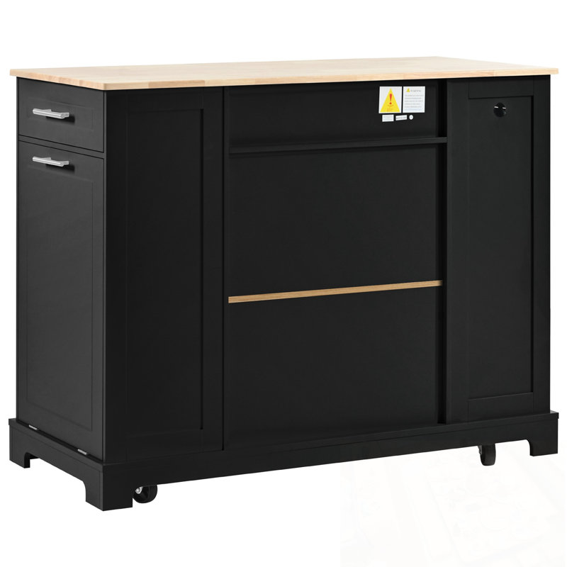 Kitchen Island with Trash Can Storage Cabinet, 3 Drawer and 3 Open Side Racks, Black