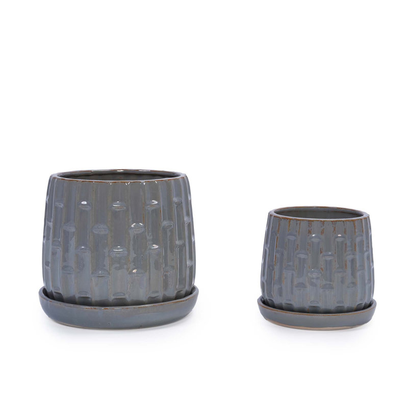 Set of 2 Ceramic Flowerpot, 7" Modern Planter for Patio, Garden, Windowsill, Antique Gray