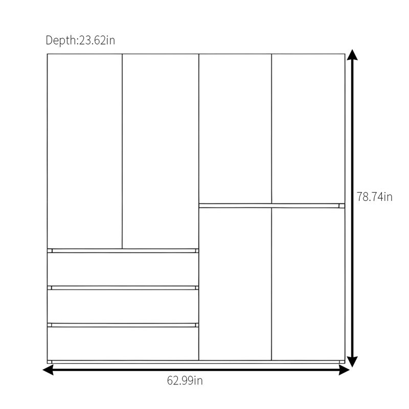 Garde-robe moderne et segmentée, H 78,74 po x l 62,99 po x P 23,62 po