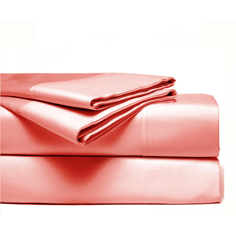 100% Cotton Sateen Weave Sheet Set, King Sheet Set with 2 Pillowcases, Coral