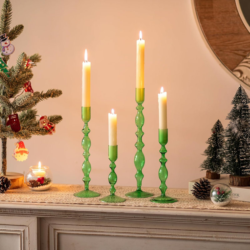 Modern Glass Candle Holder Set Of 4 - Tall Tapered Candlestick Holders For Dining Table Centerpiece, Christmas Party, And Home Decor