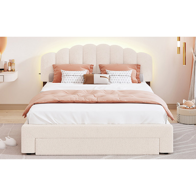 Lit plateforme tapissier Teddy, Beige