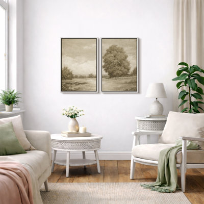 Sepia Toned Vintage Landscape Artwork, Rustic Farmhouse Living Room Pictures, Framed Canvas Giclee Print Wall Art