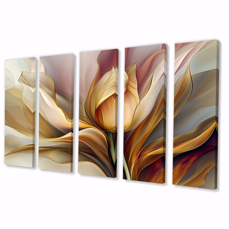 «Yellow Tulip Minimal Liquide I - Tulip», art mural sur toile 5 pièces, H 28 po x l 60 po