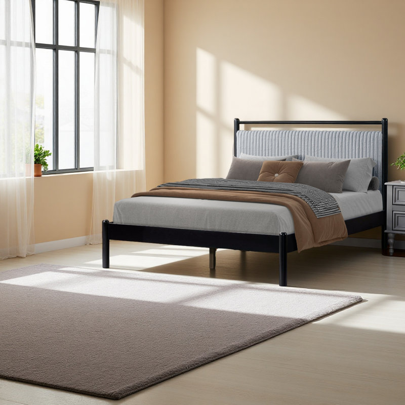 Base de lit en bois avec tête de lit moelleuse, Lit double