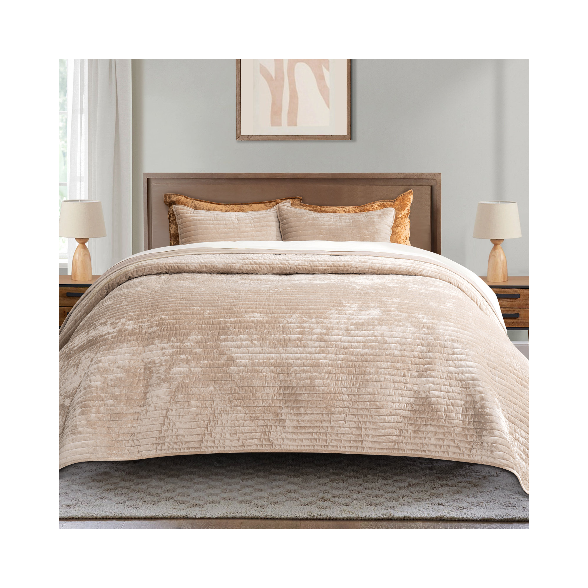 Luxe Velvet Channel Quilt Set, Taupe, Queen