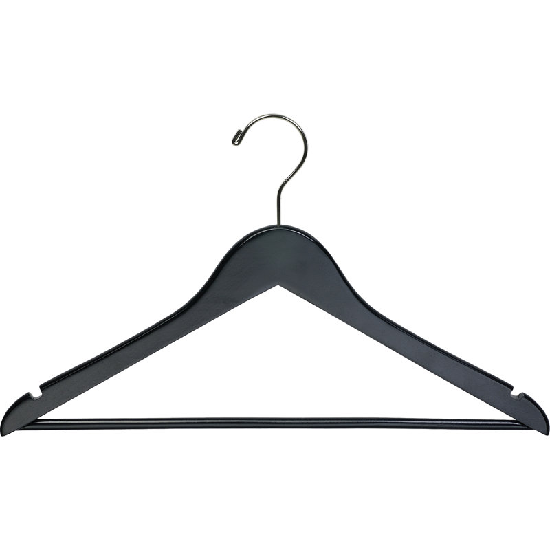 Cintre en bois avec barre en bois massif pour robe / chandail / chandail, Noir / Chrome